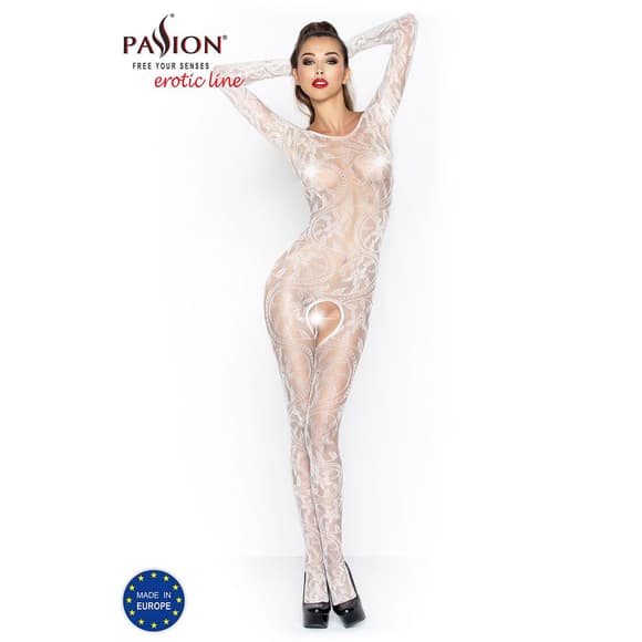 Бодістокінг Passion BS042 white, комбінезон, довгий рукав, закрите плече