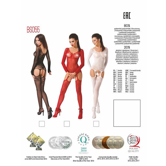 Бодістокінг Passion BS055 black, комбінезон, імітація панчіх і пояса, довг ий рукав, закрите плече