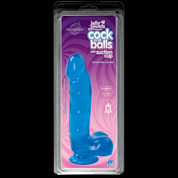 Фаллоимитатор Doc Johnson Jelly Jewels Cock & Balls Blue, диаметр 3,6см, антибактериальный ПВХ