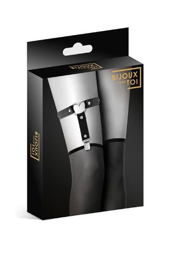 Гартер на ногу Bijoux Pour Toi - WITH HEART Black, сексуальна підв'язка з сердечком, екошкіра