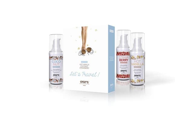 Набір розігрівальних  масажних олій EXSENS Lets Travel (3х30 мл): кокос, полуниця і ваніль