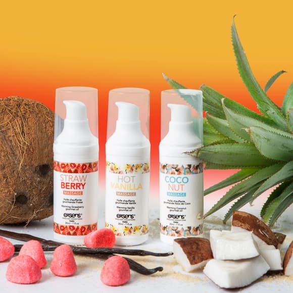 Набір розігрівальних  масажних олій EXSENS Lets Travel (3х30 мл): кокос, полуниця і ваніль
