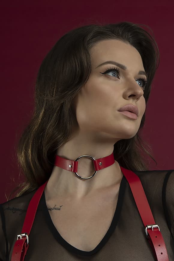  Чокер з кільцем Feral Feelings - O-Ring Collar червоний, натуральна шкіра