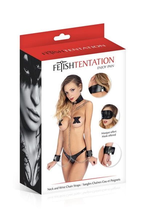 Нашийник з наручниками і ланцюжко м Fetish Tentation Neck and Wrist Chain Straps з маскою на очі