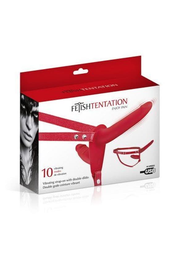Двойной страпон с вибрацией Fetish Tentation Vibrating Strap-On Red (мятая упаковка!!!)