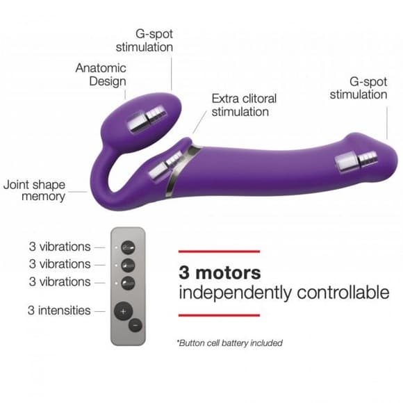 Безремневой страпон с вибрацией Strap-On-Me Vibrating Violet L, диам. 4,2 см, пульт ДУ, регулируемый