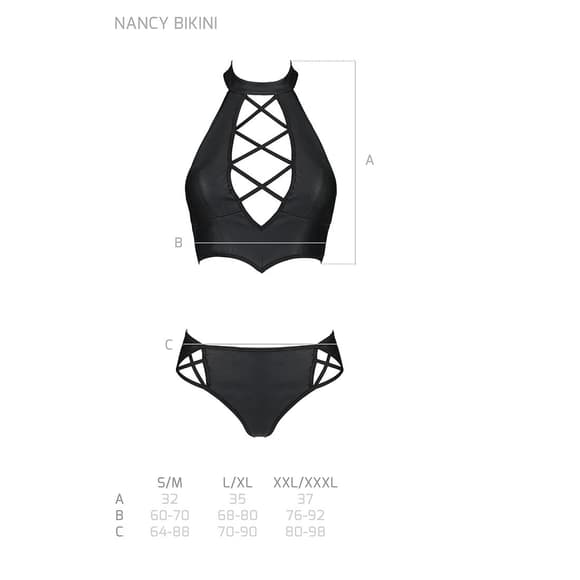 Комплект з еко-шкіри Passion NANCY BIKINI L/XL, black, бра та трусики з імітацією шнурівки
