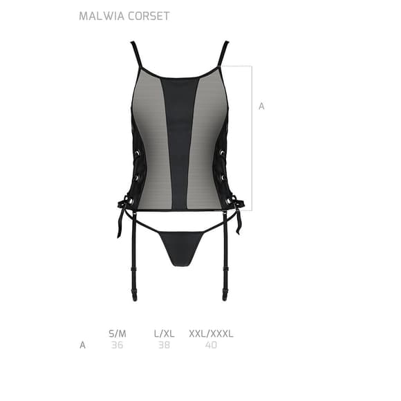 Сітчастий корсет з люверсами та знімними пажами Passion MALWIA CORSET S/M, black, екошкіра, стрінги