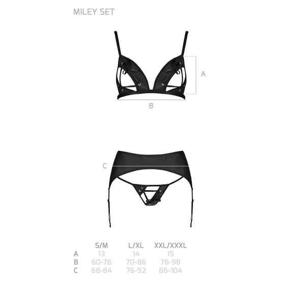 Комплект из эко-кожи Passion MILEY SET XXL/XXXL, black, трусики, бюстгальтер, пояс для чулок