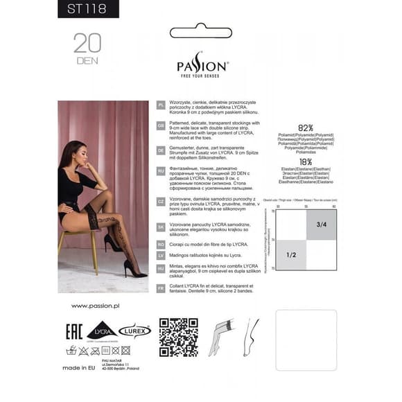 Панчохи Passion ST118 3/4 black, на ажурній силіконовій резинці, з бічним вертикальним малюнком