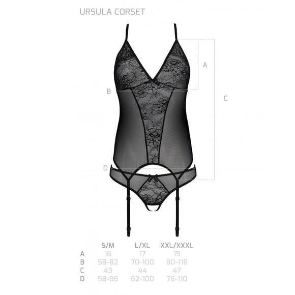Корсет с пажами, трусики с ажурным декором и открытым шагом Passion URSULA CORSET XXL/XXXL, black