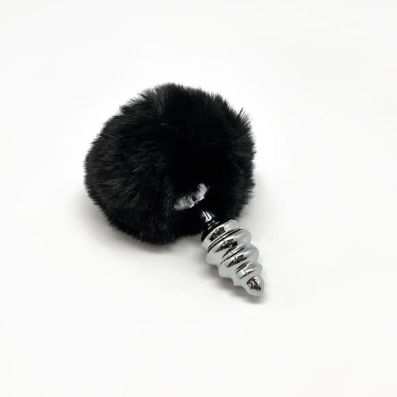 Металлическая анальная пробка Кроличий хвостик Alive Fluffy Twist Plug S Black, диаметр 2,9 см