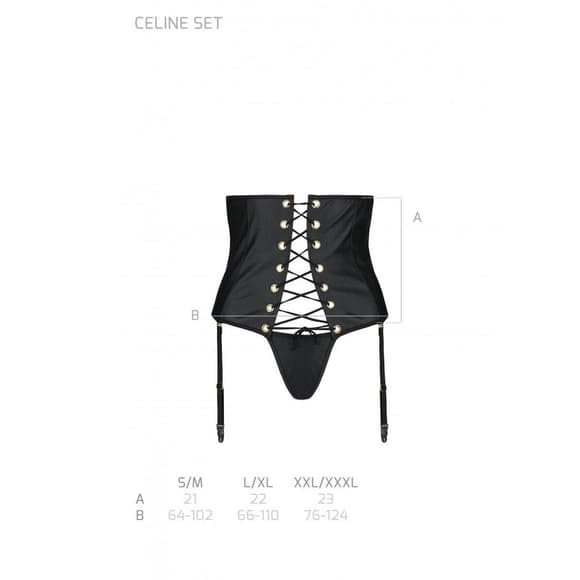 Пояс-корсет з екошкіри Passion CELINE SET S/M, black, шнурівка, знімні пажі для панчіх, стрінги
