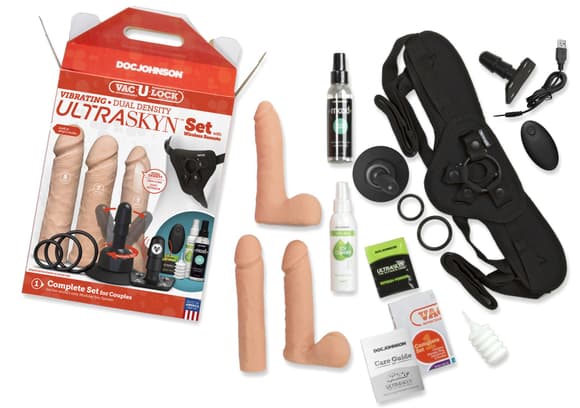 Набір для страпону Doc Johnson Vac-U-Lock VIBRATING Dual Density ULTRASKYN Set (м'ята упаковка)