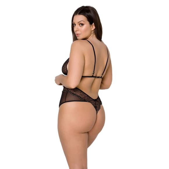 Боди Passion AMBERLY BODY 4XL/5XL black, ассиметричный крой, кружевной лиф, золотая нить