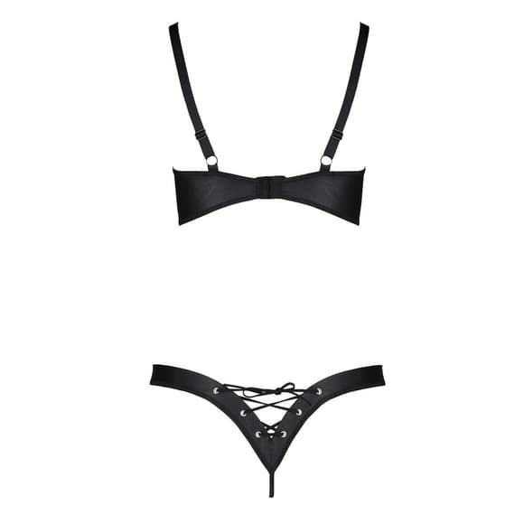 Комплект из экокожи Passion CELINE BIKINI 4XL/5XL black, открытый бра, стринги со шнуровкой