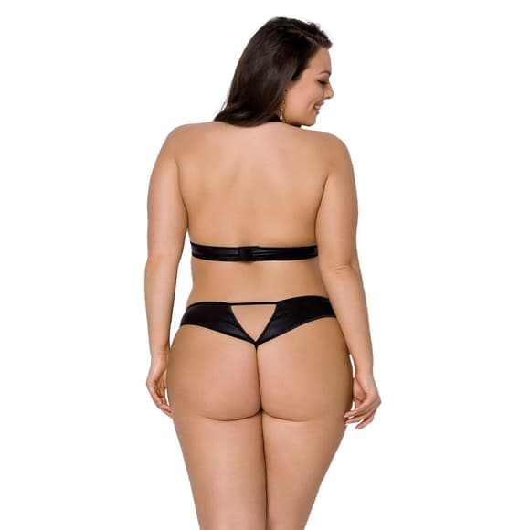 Комплект из экокожи Passion MALWIA SET with Open Bra 4XL/5XL black, топ и трусики с люверсами
