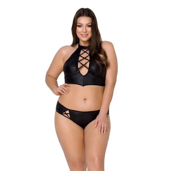 Комплект из экокожи Passion NANCY BIKINI 4XL/5XL black, бра и трусики с имитацией шнуровки