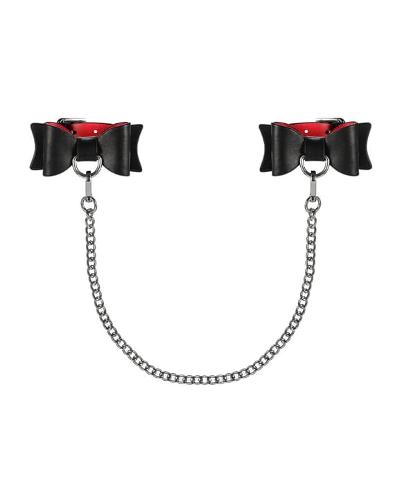 Шкіряні наручники-банти з довгим ланцюгом Obsessive A745 cuffs, чорно-червоні, довгий ланцюг
