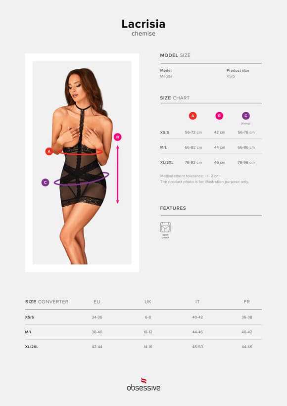 Полупрозрачная сорочка с открытой грудью Obsessive Lacrisia chemise XL/2XL, черная, с чокером