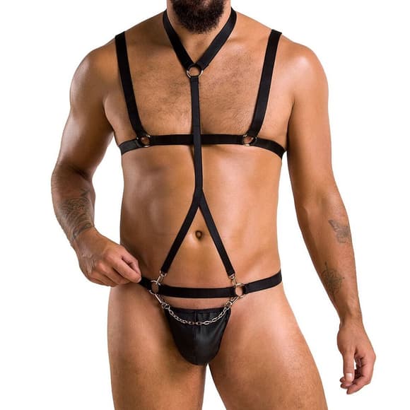 Комплект мужского белья из стреп Passion 039 SET ANDREW S/M Black, стринги, шлейка