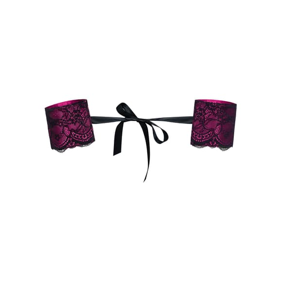 (SALE) Атласные наручники-манжеты на лентах Obsessive Roseberry cuffs, pink, украшена кружевом