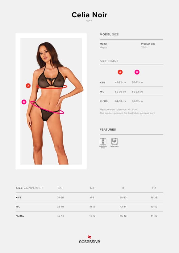 Напівпрозорий комплект Obsessive Celia Noir 2-pcs set XS/S, бюстгальтер, стрінги