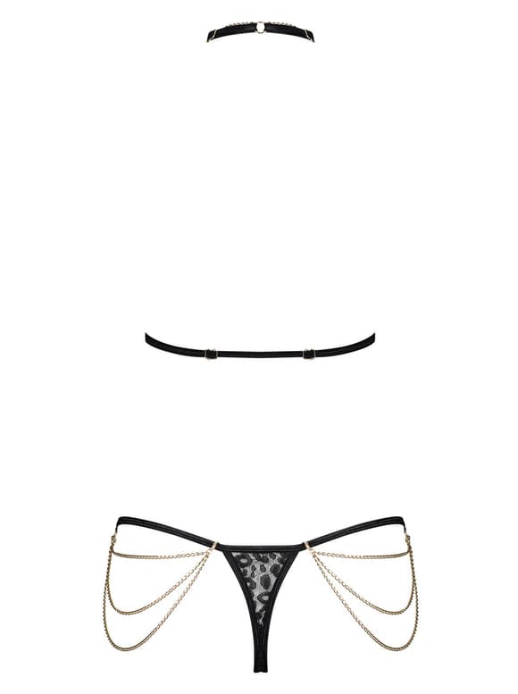Комплект із ланцюжками Obsessive Pantheria 2-pcs set black S/M, бюстгальтер, трусики