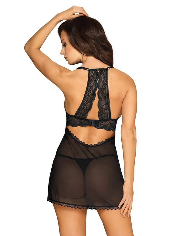 Прозрачная сорочка с открытой грудью Obsessive Pearlove chemise & thong black S/M, трусики