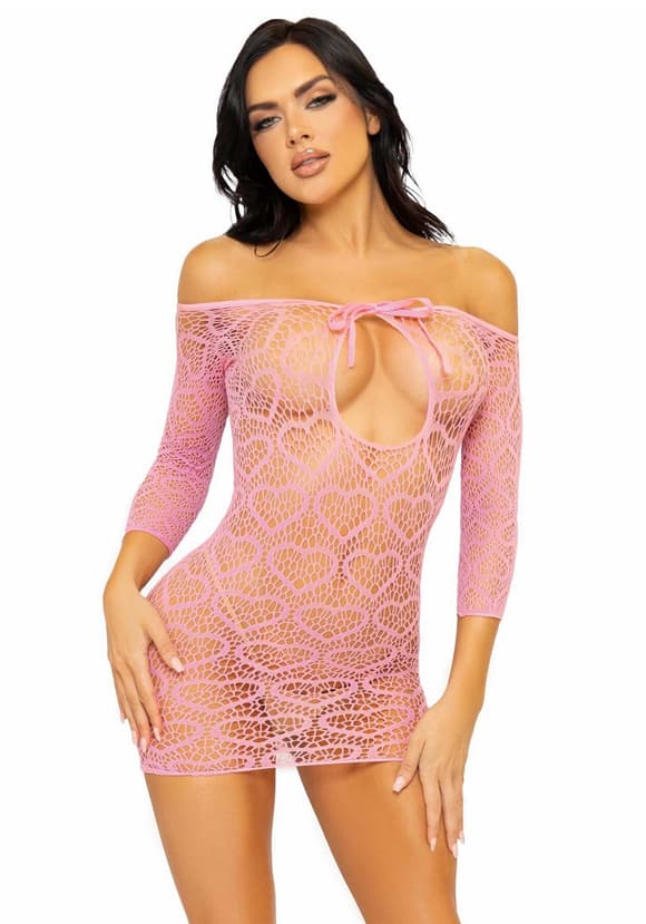 Платье-сетка с сердечками Leg Avenue Heart net mini dress Pink, завязки, открытые плечи, one size