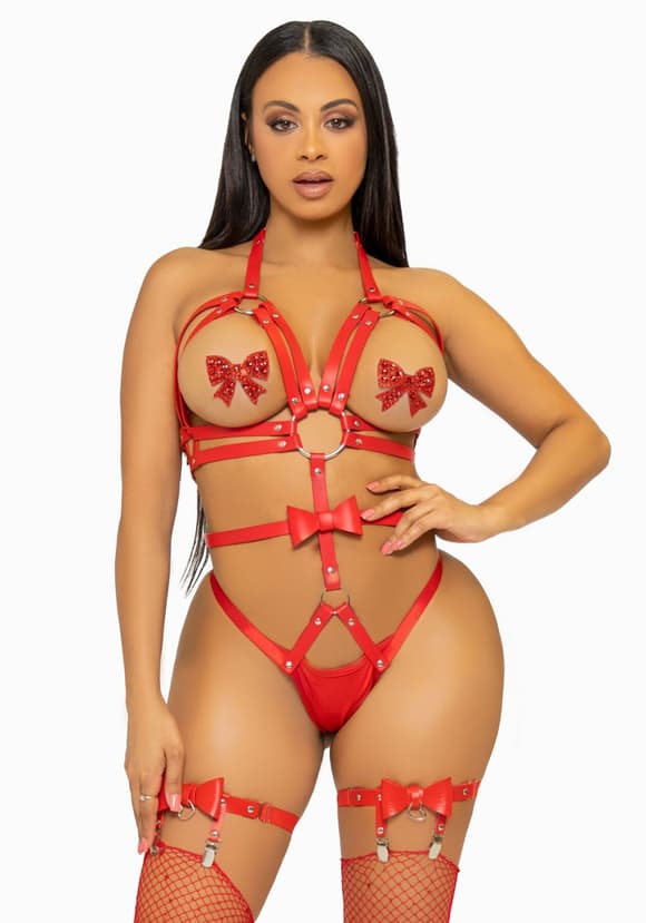 Портупея-тедди из ремней Leg Avenue Studded O-ring harness teddy M Red, экокожа