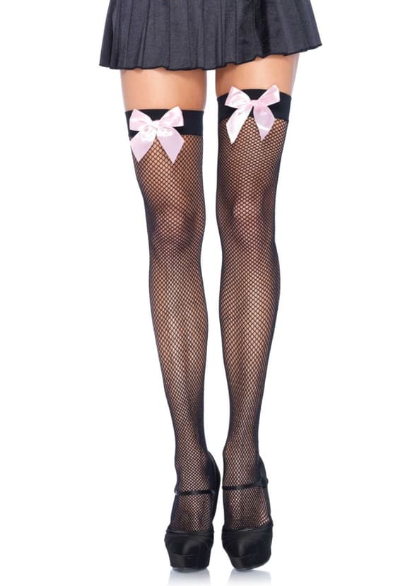 Чулки-сетка с атласным бантиком Leg Avenue Fishnet Thigh Highs One size, Black, With Bow Pink