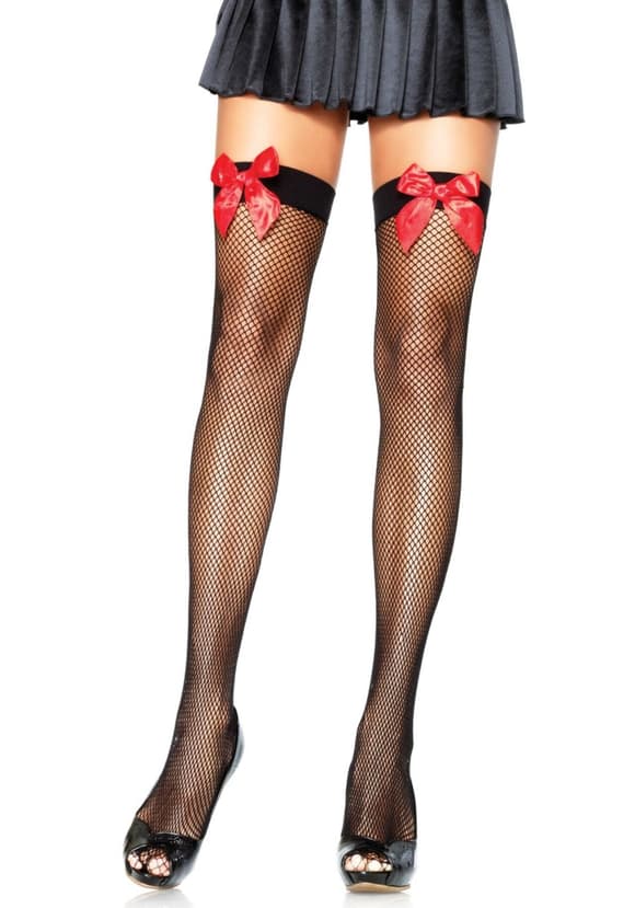 Чулки-сетка с атласным бантиком Leg Avenue Fishnet Thigh Highs One size, Black, With Bow Red