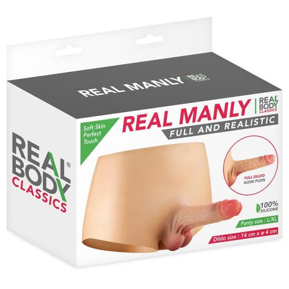 Силіконові трусики з фалоімітатором Real Body Real Manly, L/XL, суцільна конструкція, для неї
