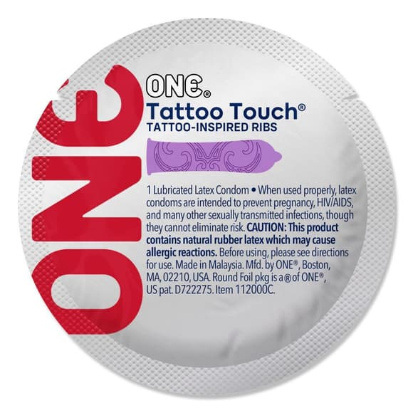 Презерватив ONE Tattoo Touch Purple, 1 шт, фиолетовый с рельефом в виде татуировки