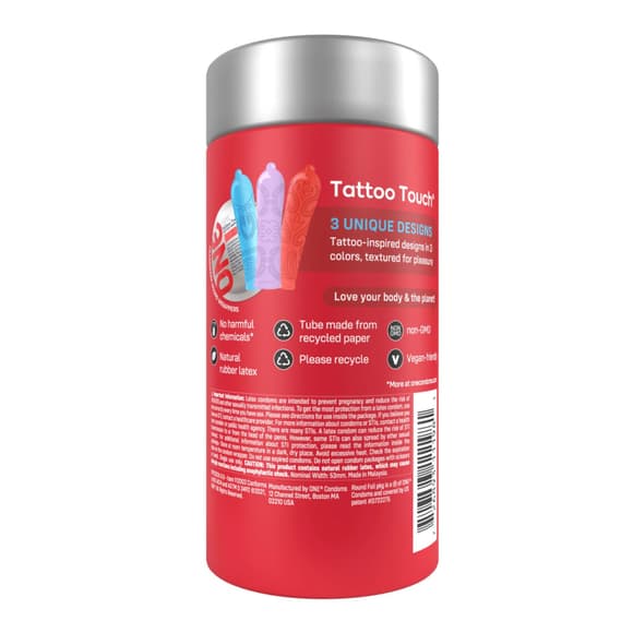 Презервативи ONE Tattoo Touch, 12 шт, рельєф у вигляді тату, 3 різновиди, подарункове паковання-тубус
