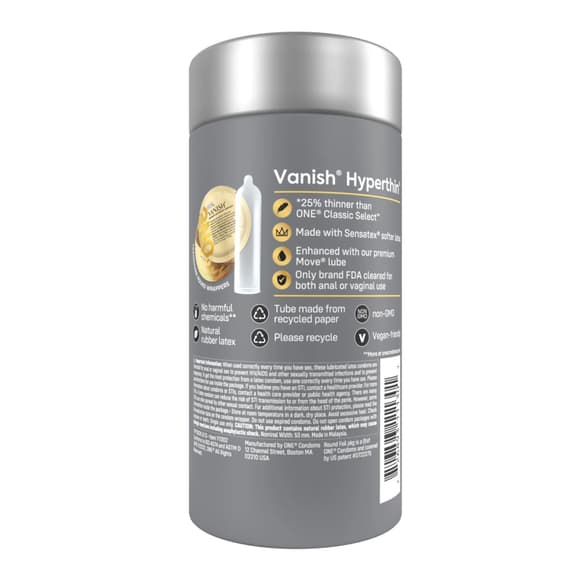 Презервативи ONE Vanish Hyperthin, 12 шт, ультратонкі, зі змазкою, подарункове паковання-тубус