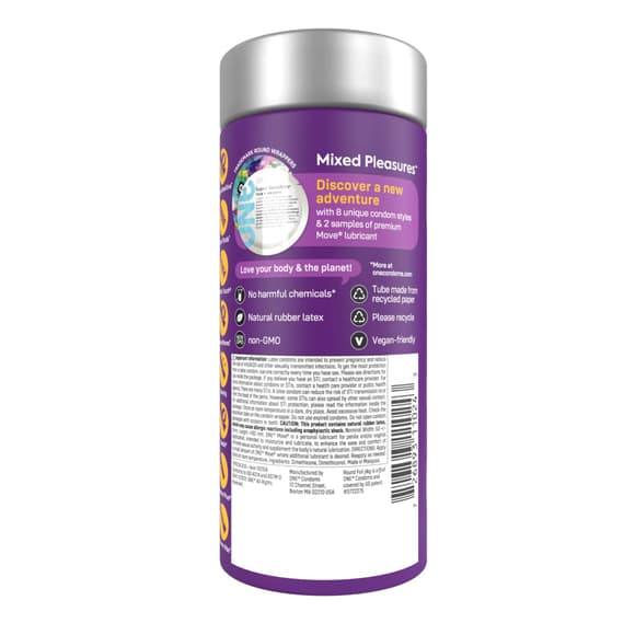 Презервативи ONE Mixed Pleasures, 24 шт, 8 видів, лубрикант у комплекті, подарункове паковання-тубус