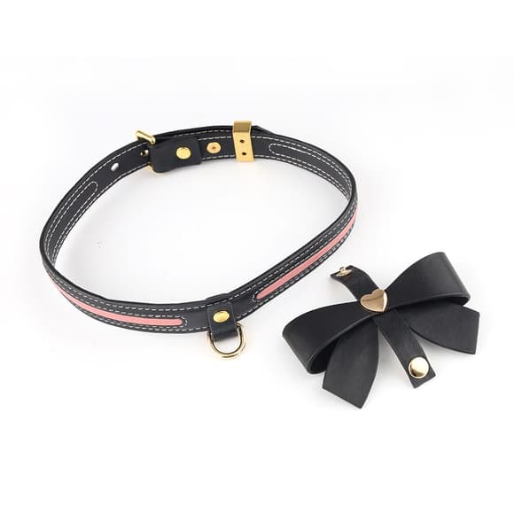 Нашийник з повідцем LOCKINK SEVANDA Love Heart Butterfly Leather Collar Set, чорно-рожевий, з бантом