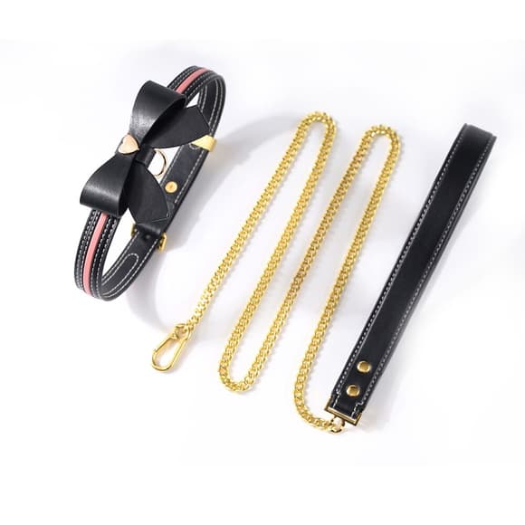 Нашийник з повідцем LOCKINK SEVANDA Love Heart Butterfly Leather Collar Set, чорно-рожевий, з бантом