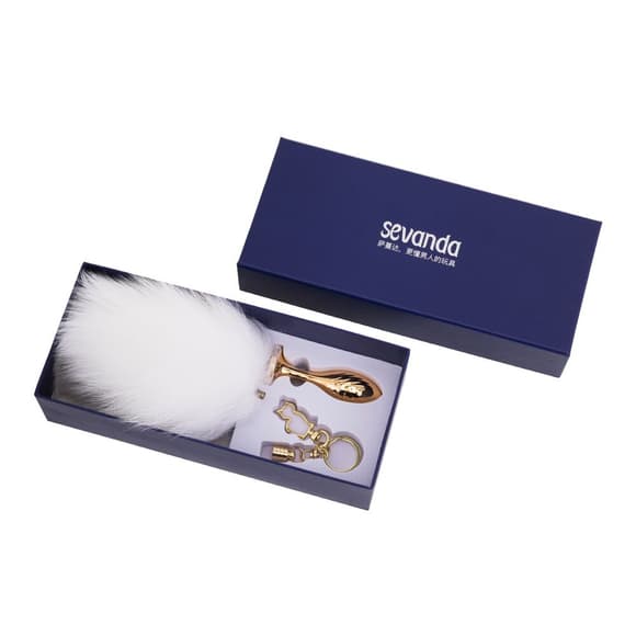 Металева анальна пробка — кролячий хвіст LOCKINK SEVANDA White Bunny-Tail Anal Pear-shape Plug