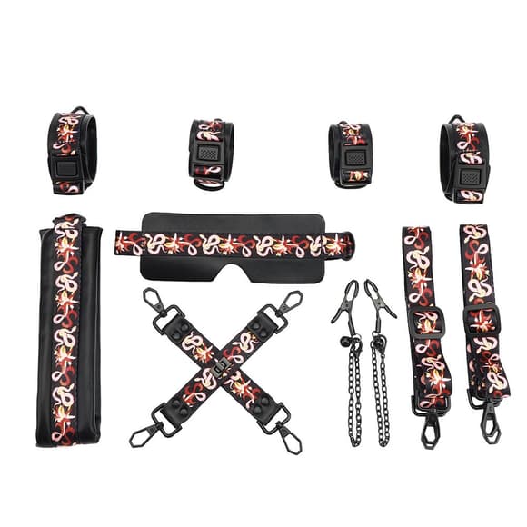 БДСМ-набір LOCKINK The Flowering Serpent Bondage Set, чорний, з малюнком у вигляді змій, 7 предметів