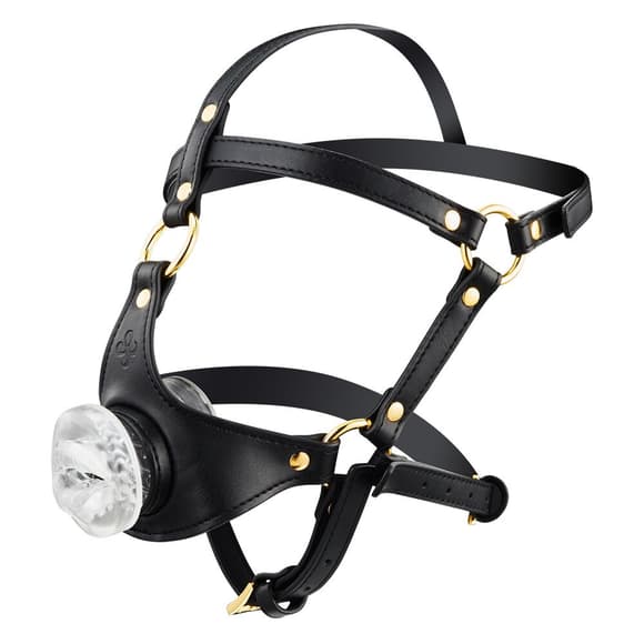 Маска-збруя для мінету LOCKINK SEVANDA Blowjob Head Harness, чорна, з м’якою вставкою у вигляді губ