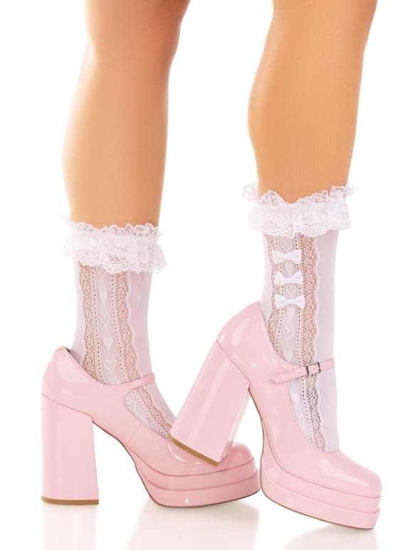 Шкарпетки ажурні Leg Avenue Mini Bow Lace Anklet, білі, з рюшами, декор — бантики