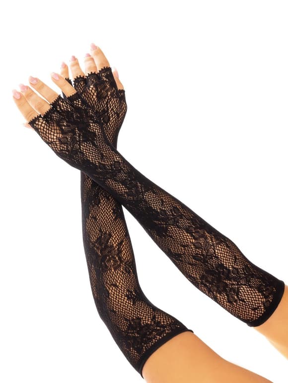 Мітенки Leg Avenue Lace Opera Length Fingerless Gloves, чорні, ажурні, довжина вище ліктя