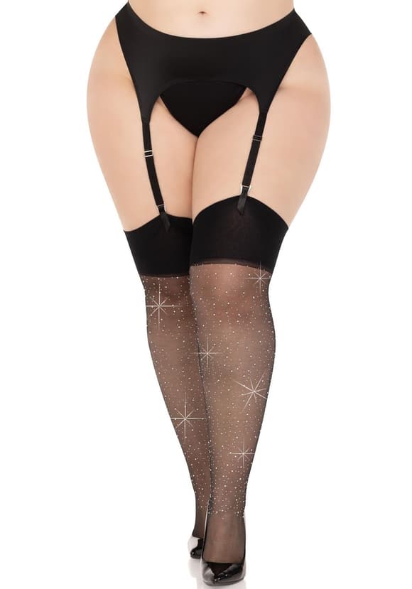 Панчохи зі стразами Leg Avenue Wide Top Rhinestone Sheer Stockings, 1X/2X, чорні, вище коліна