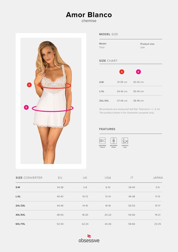 Сорочка Obsessive Amor Blanco underwire chemise & thong,L/XL, біла, мереживний ліф, стрінги в наборі