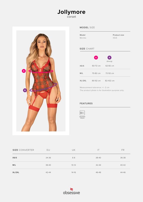 Корсет Obsessive Jollymore corset, XS/S, у клітинку, з мереживом, пажі для панчіх, стрінги в комплекті