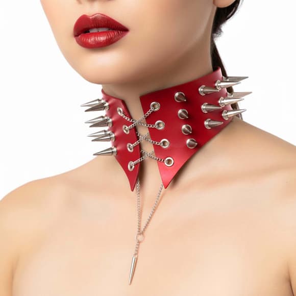 Чокер комір з шипами Art of Sex - Ariadne, натуральна шкіра, колір червоний, XS-M