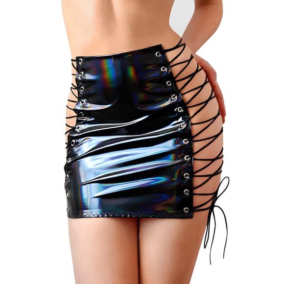 Лакована спідниця на шнурівці Art of Sex - Molly, колір чорний з ефектом голограми, L-2XL